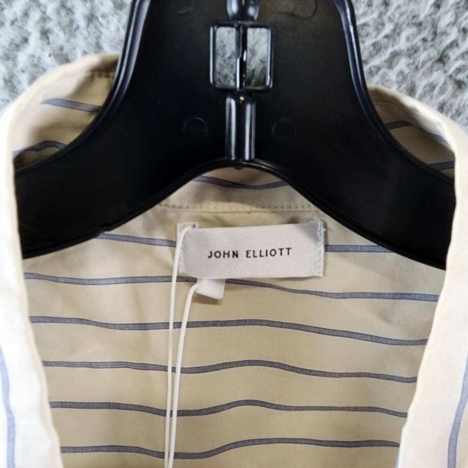 John Elliott Printed Poplin Short Sleeve Shirt Men's L Tan/Blue Button Closure