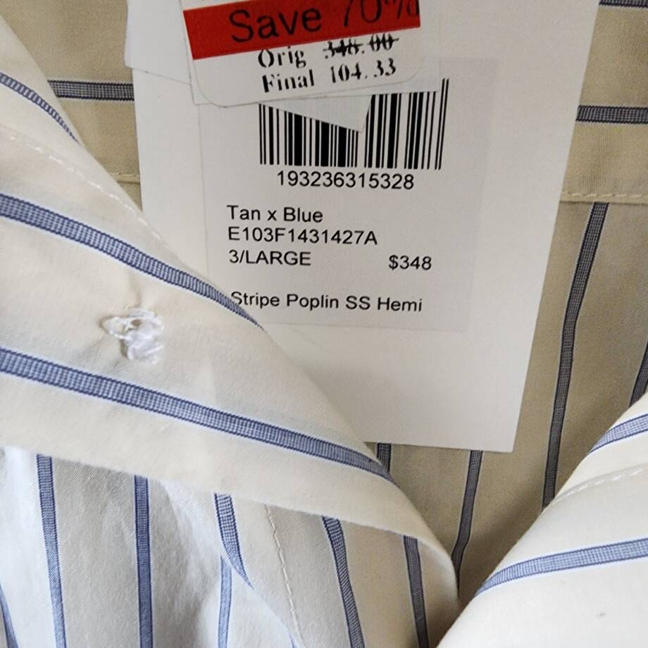 John Elliott Printed Poplin Short Sleeve Shirt Men's L Tan/Blue Button Closure