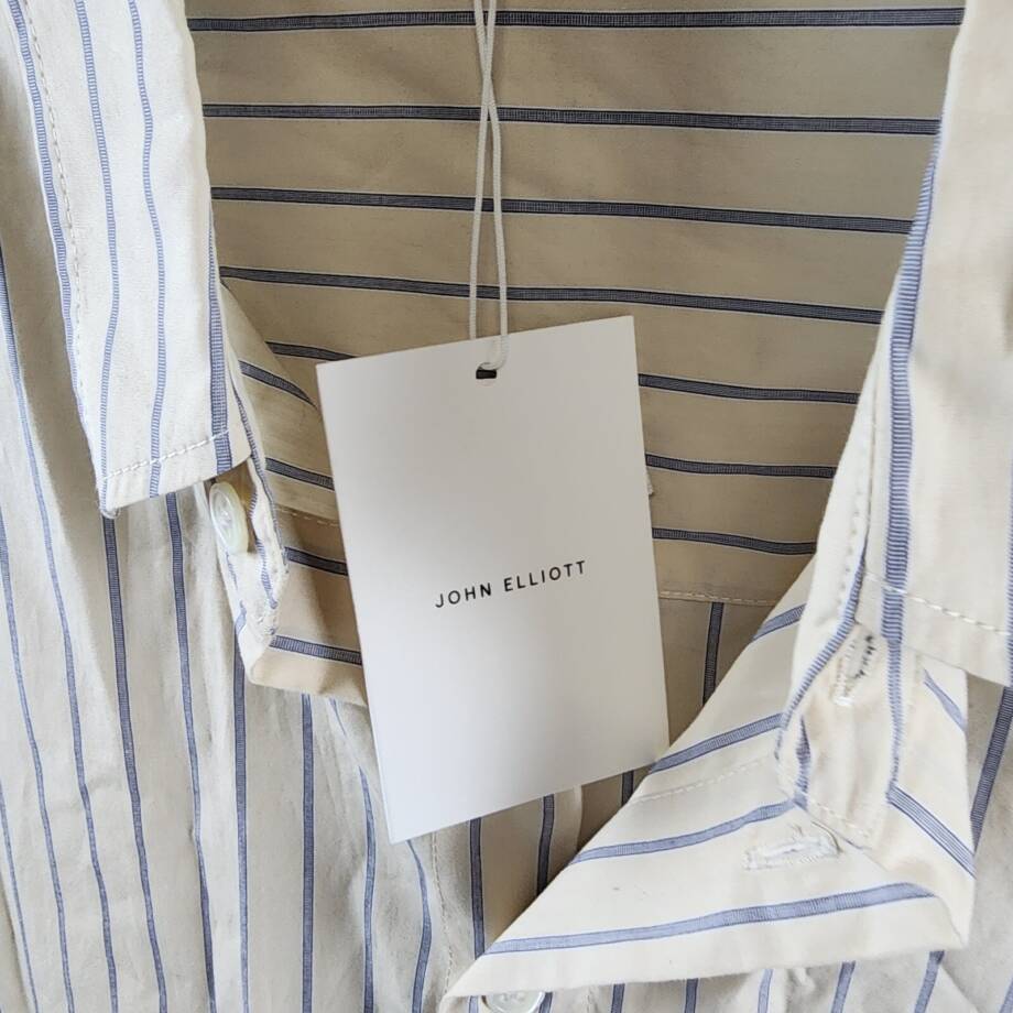 John Elliott Printed Poplin Short Sleeve Shirt Men's L Tan/Blue Button Closure
