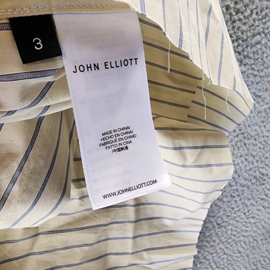 John Elliott Printed Poplin Short Sleeve Shirt Men's L Tan/Blue Button Closure