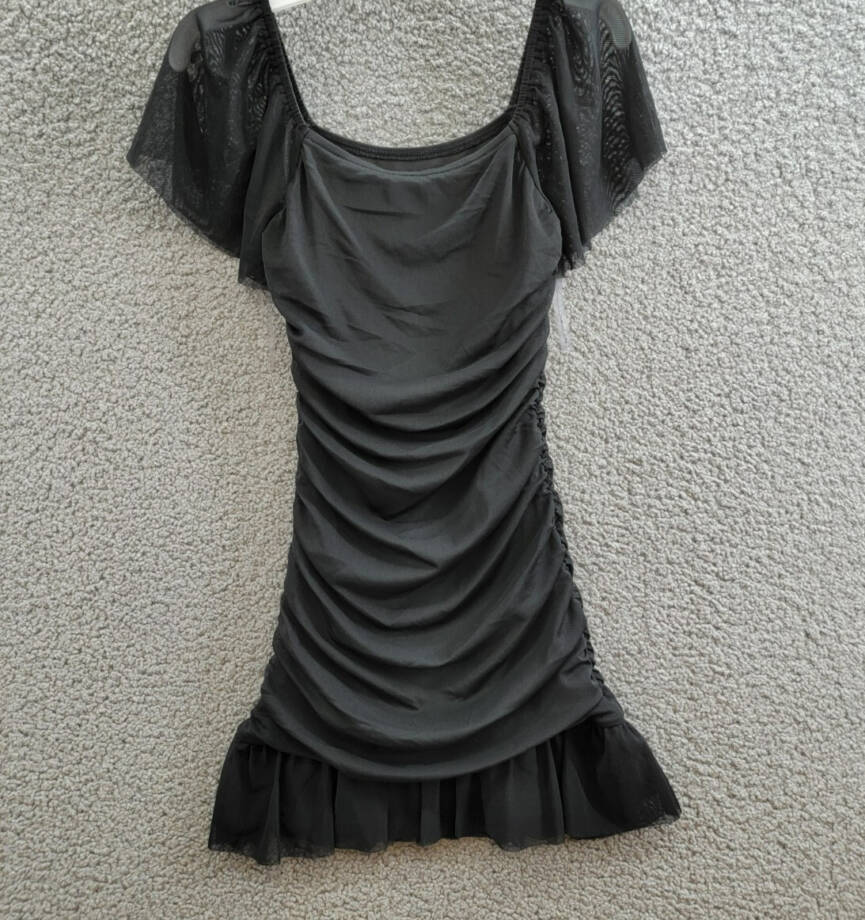 With Jules Ruched Flutter-Sleeve Mesh Dress Big Girls XL Black Square Neck S/S