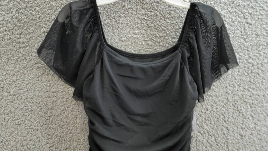 With Jules Ruched Flutter-Sleeve Mesh Dress Big Girls XL Black Square Neck S/S