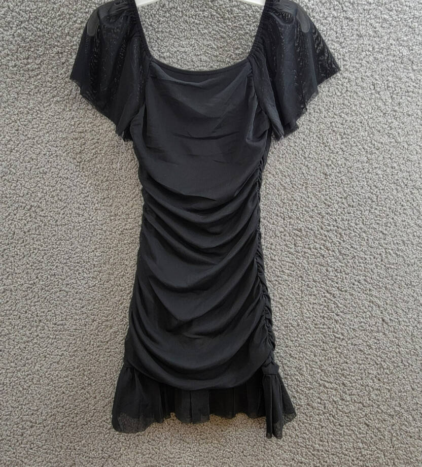 With Jules Ruched Flutter-Sleeve Mesh Dress Big Girls XL Black Square Neck S/S