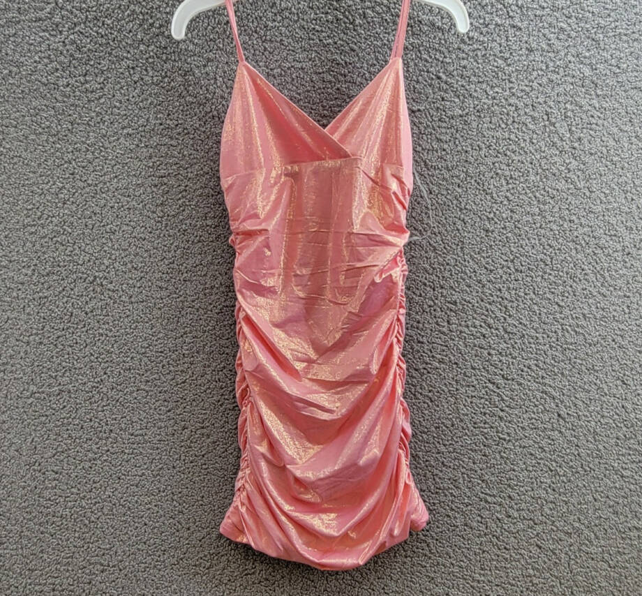 With Jules Metallic Ruched Mini Dress Big Girls L Pastel Pink Surplice Neck