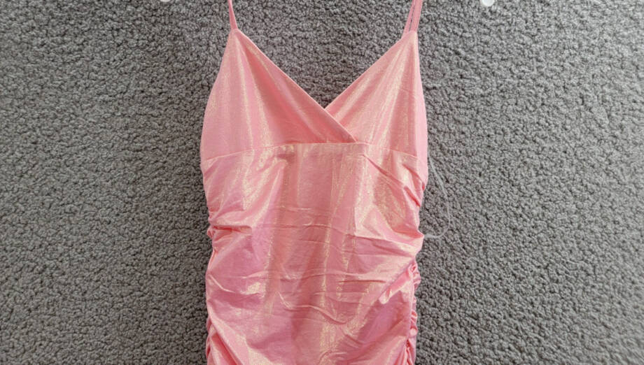 With Jules Metallic Ruched Mini Dress Big Girls L Pastel Pink Surplice Neck