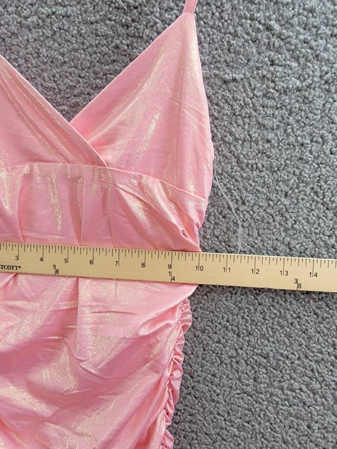 With Jules Metallic Ruched Mini Dress Big Girls L Pastel Pink Surplice Neck
