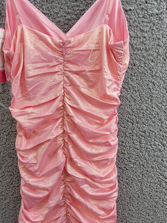 With Jules Metallic Ruched Mini Dress Big Girls L Pastel Pink Surplice Neck