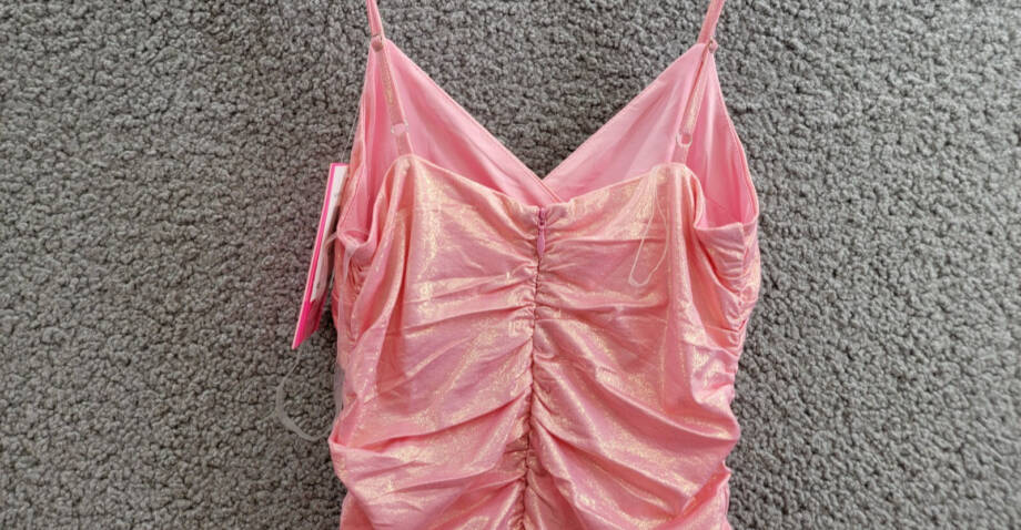 With Jules Metallic Ruched Mini Dress Big Girls L Pastel Pink Surplice Neck