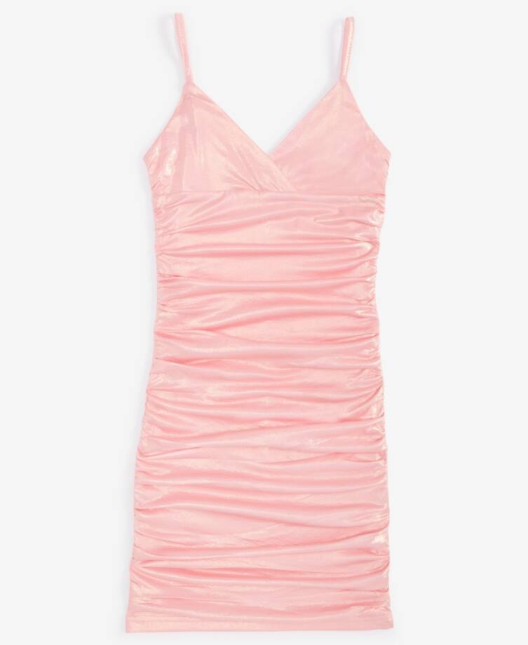 With Jules Metallic Ruched Mini Dress Big Girls S Pastel Pink Surplice Neck