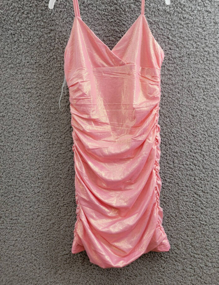 With Jules Metallic Ruched Mini Dress Big Girls S Pastel Pink Surplice Neck