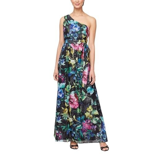 SLNY Printed One Shoulder Long Maxi Dress with Tie Waist Women's 16 Black Multi