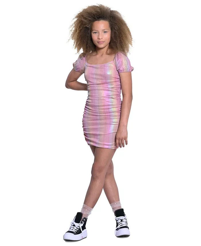 With Jules Ruched Square-Neck Mesh Dress Big Girls M Multi Short Sleeve Pullover
