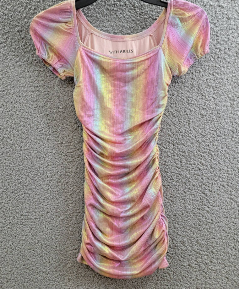 With Jules Ruched Square-Neck Mesh Dress Big Girls M Multi Short Sleeve Pullover