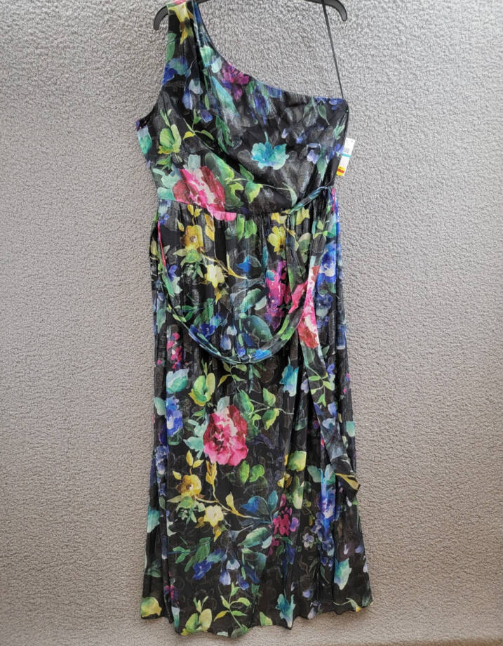 SLNY Printed One Shoulder Long Maxi Dress with Tie Waist Women's 16 Black Multi