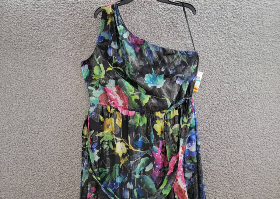 SLNY Printed One Shoulder Long Maxi Dress with Tie Waist Women's 16 Black Multi