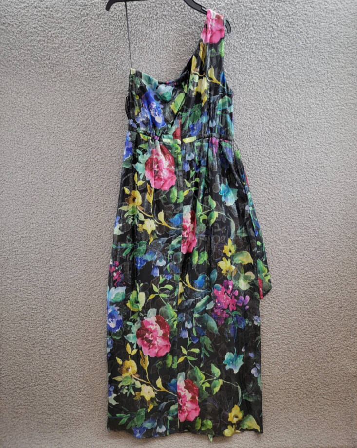SLNY Printed One Shoulder Long Maxi Dress with Tie Waist Women's 16 Black Multi