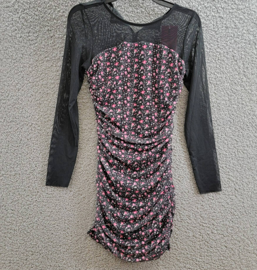 With Jules Long-Sleeve Printed Mesh Combo Dress Big Girl XL Black Multi Side Zip