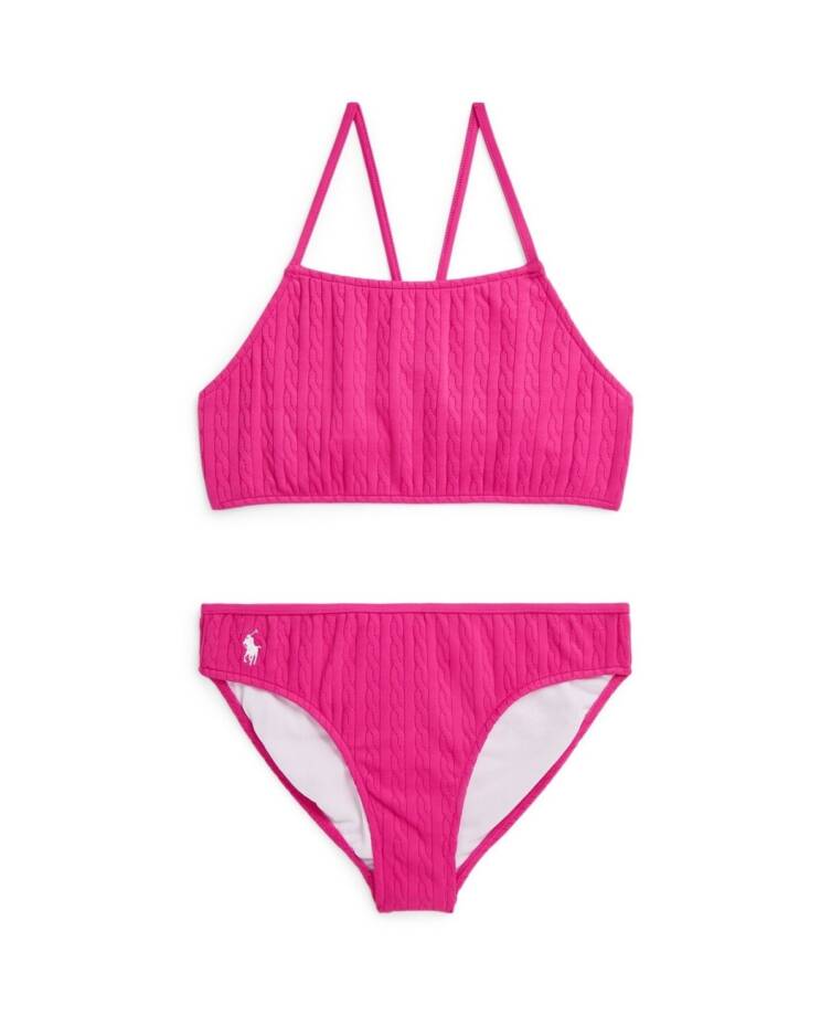 Polo Ralph Lauren Stretch Jacquard Two-Piece Swimsuit Girls 12 Bright Pink/White