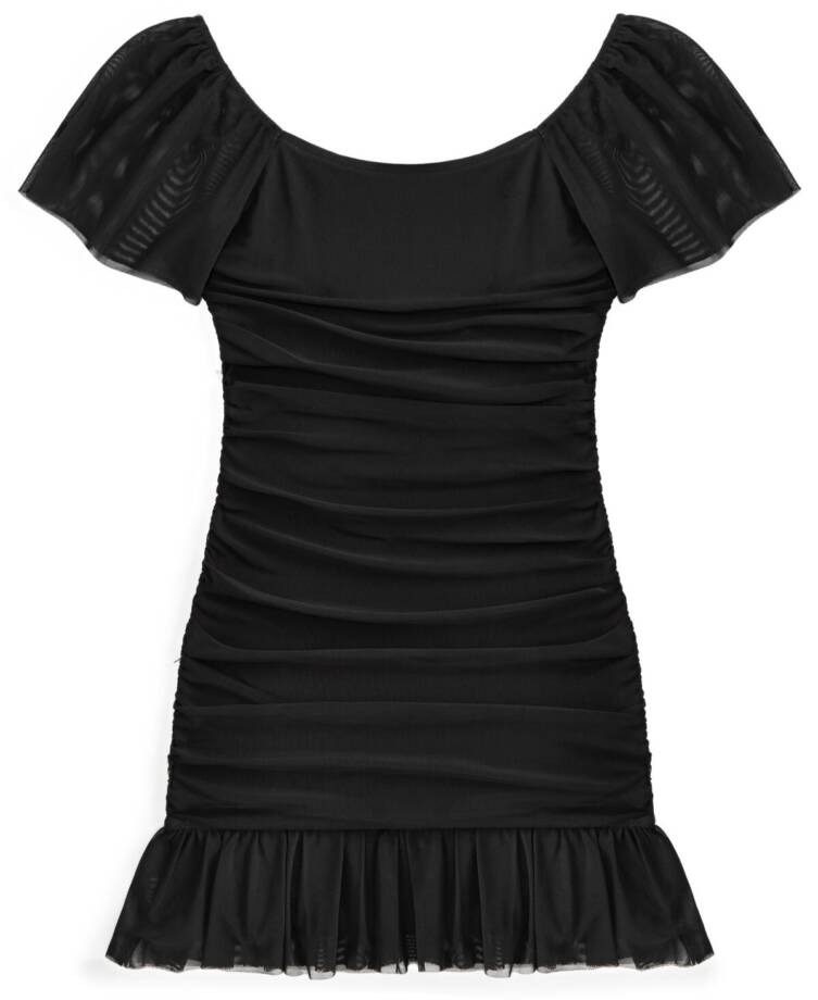 With Jules Ruched Flutter-Sleeve Mesh Dress Big Girls M Black Square Neck S/S