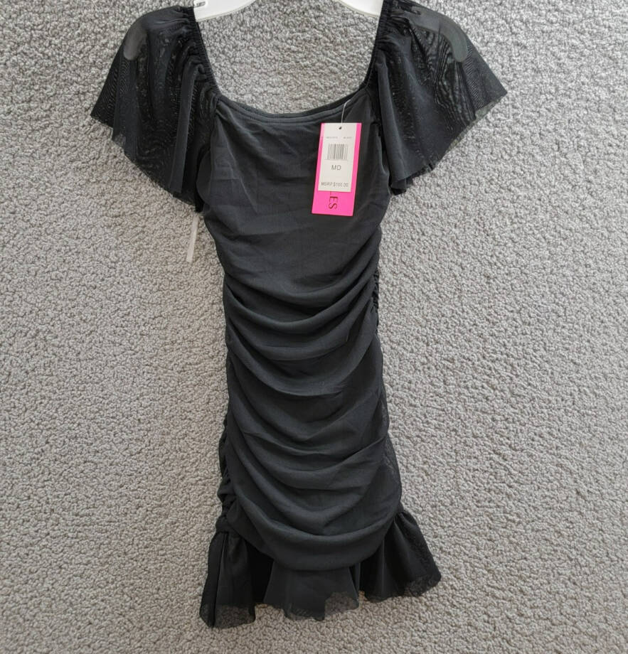 With Jules Ruched Flutter-Sleeve Mesh Dress Big Girls M Black Square Neck S/S