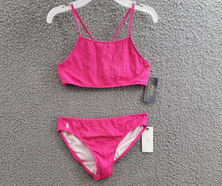 Polo Ralph Lauren Stretch Jacquard Two-Piece Swimsuit Girls 12 Bright Pink/White