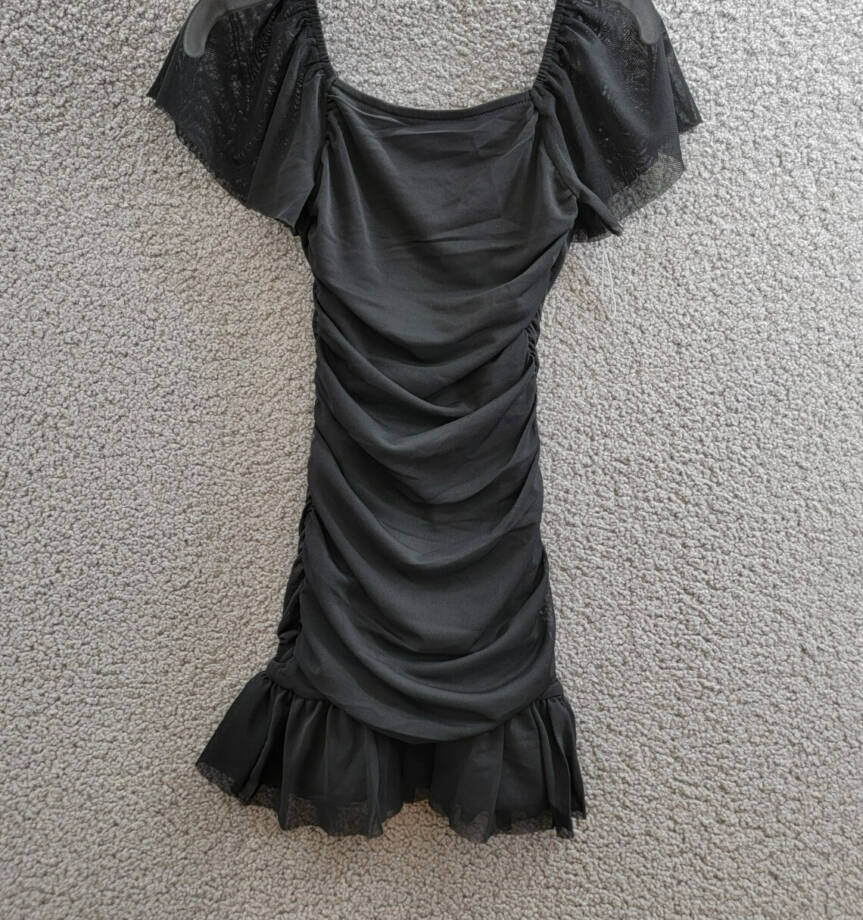 With Jules Ruched Flutter-Sleeve Mesh Dress Big Girls M Black Square Neck S/S