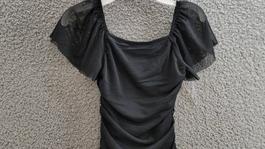 With Jules Ruched Flutter-Sleeve Mesh Dress Big Girls M Black Square Neck S/S