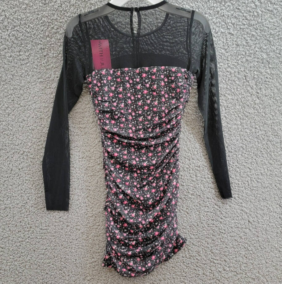 With Jules Long-Sleeve Printed Mesh Combo Dress Big Girls M Black Multi Side Zip