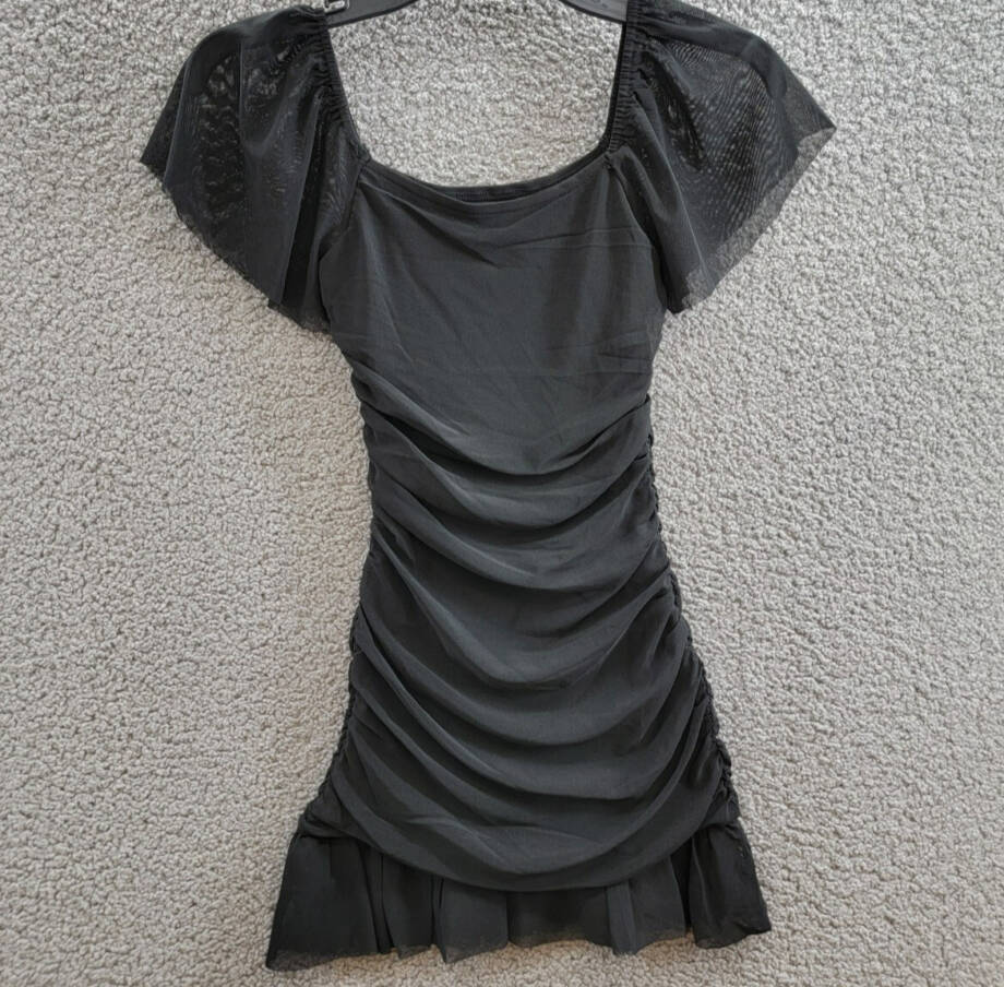 With Jules Ruched Flutter-Sleeve Mesh Dress Big Girls L Black Square Neck S/S