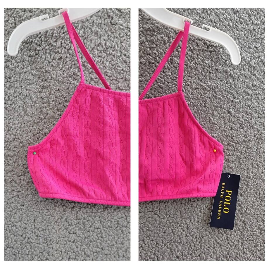 Polo Ralph Lauren Stretch Jacquard Two-Piece Swimsuit Girls 12 Bright Pink/White