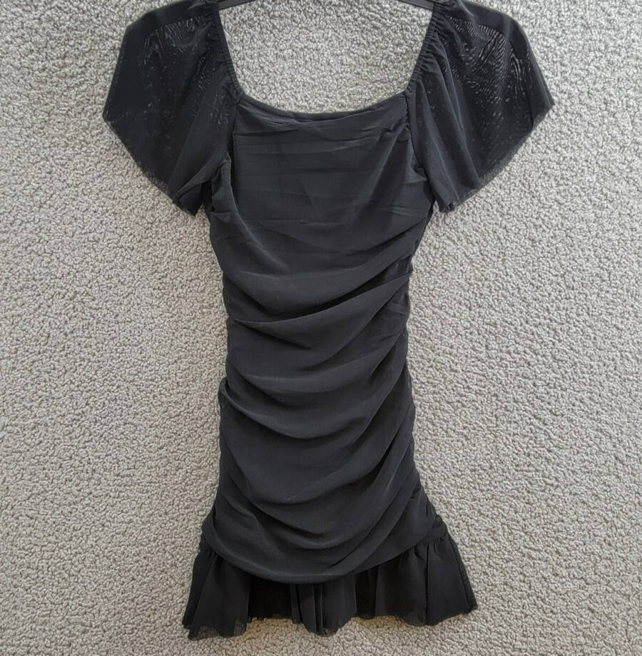 With Jules Ruched Flutter-Sleeve Mesh Dress Big Girls L Black Square Neck S/S