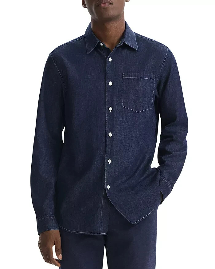 Theory Noll Denim Button Front Shirt Men's XL Light Indigo Patch Pocket L/S