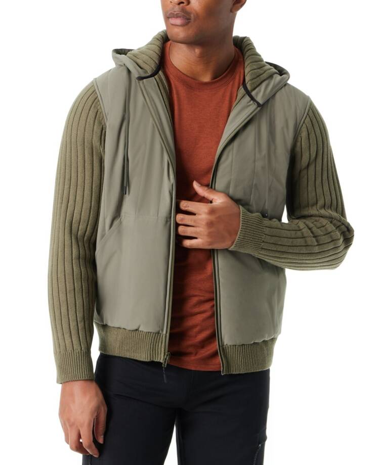 BASS OUTDOOR Mixed Media Zip-Front Hooded Sweater Jacket Men's M Deep Liche L/S