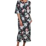 Miss Elaine Printed 3/4-Sleeve Zip-Front Robe Women's M Black Multi Round Neck