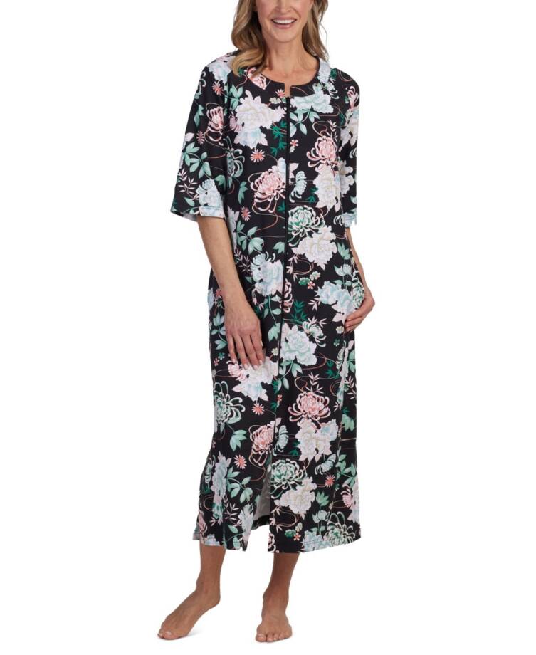 Miss Elaine Printed 3/4-Sleeve Zip-Front Robe Women's M Black Multi Round Neck