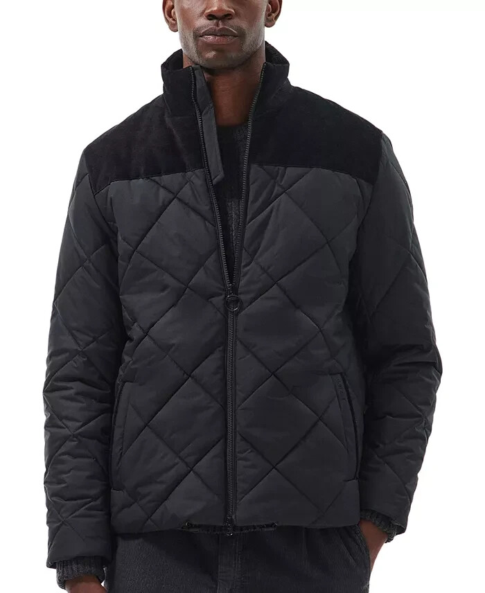 Barbour Elmwood Box-Quilted Jacket Men's S Black Full-Zip Closure Long Sleeves~