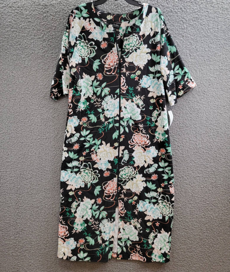 Miss Elaine Printed 3/4-Sleeve Zip-Front Robe Women's M Black Multi Round Neck