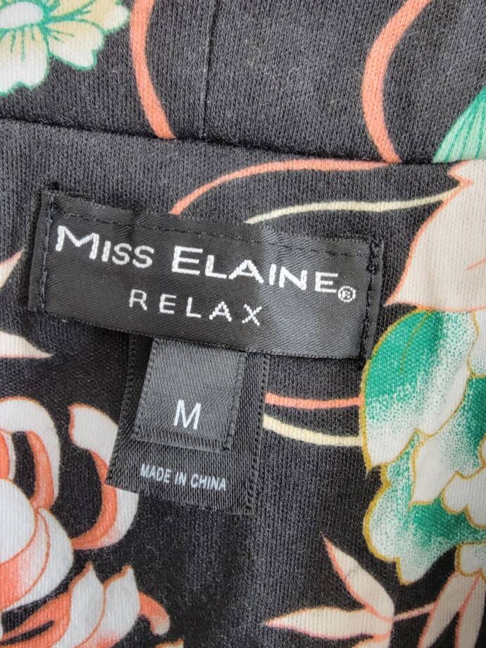 Miss Elaine Printed 3/4-Sleeve Zip-Front Robe Women's M Black Multi Round Neck