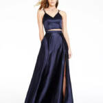 Crystal Doll 2-Pc. Satin Ball Gown Juniors' 5 Navy V-Neck Slit Back Zip Closure