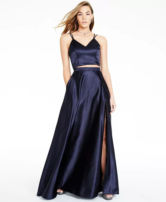 Crystal Doll 2-Pc. Satin Ball Gown Juniors' 5 Navy V-Neck Slit Back Zip Closure