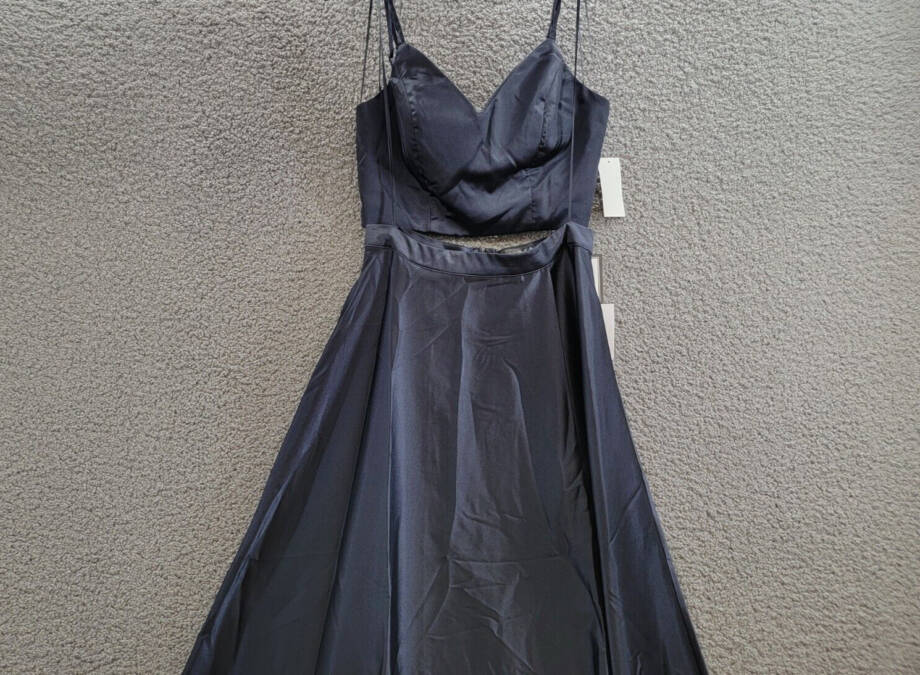 Crystal Doll 2-Pc. Satin Ball Gown Juniors' 5 Navy V-Neck Slit Back Zip Closure