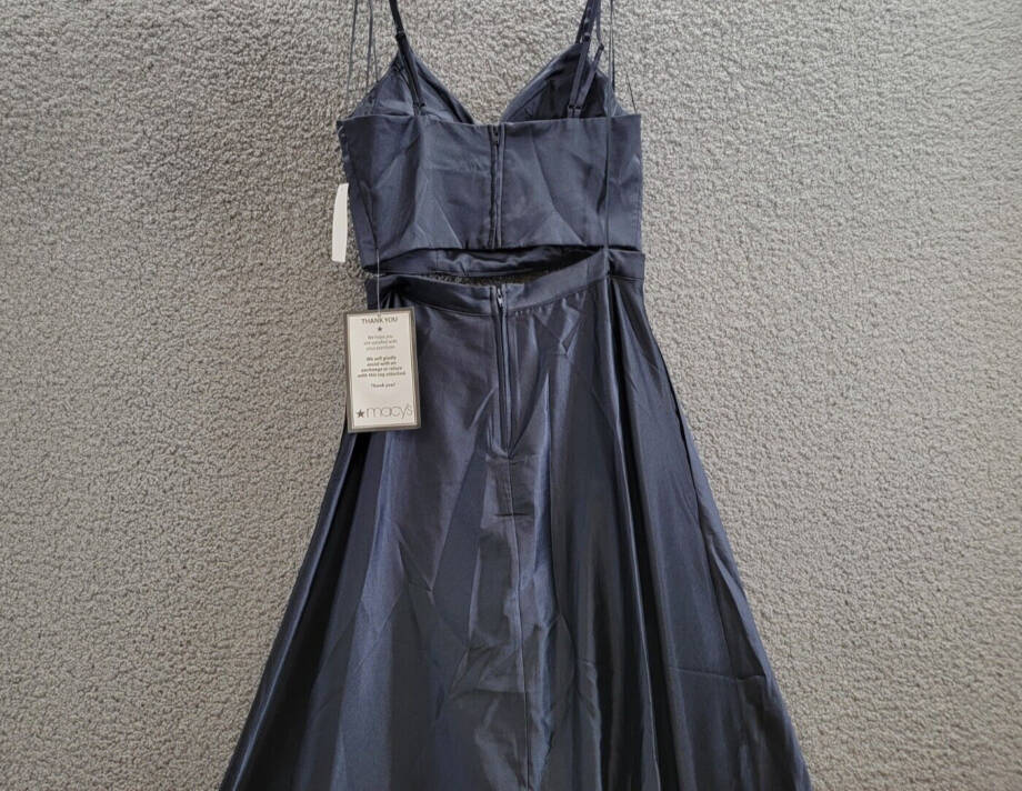 Crystal Doll 2-Pc. Satin Ball Gown Juniors' 5 Navy V-Neck Slit Back Zip Closure