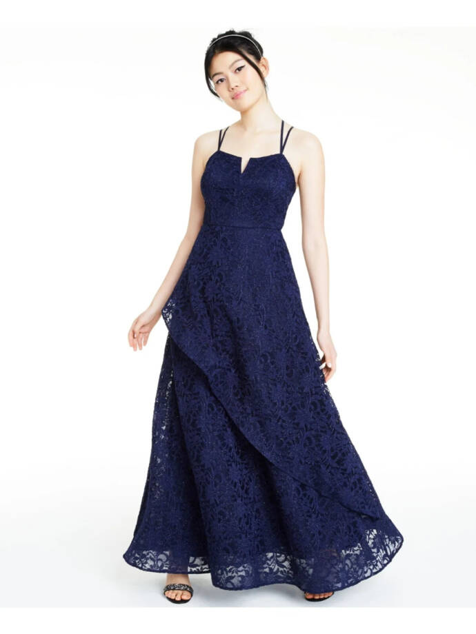 BCX Glitter Floral Spaghetti Strap Notch V-Neck Gown Juniors' 1 Navy Back Zip
