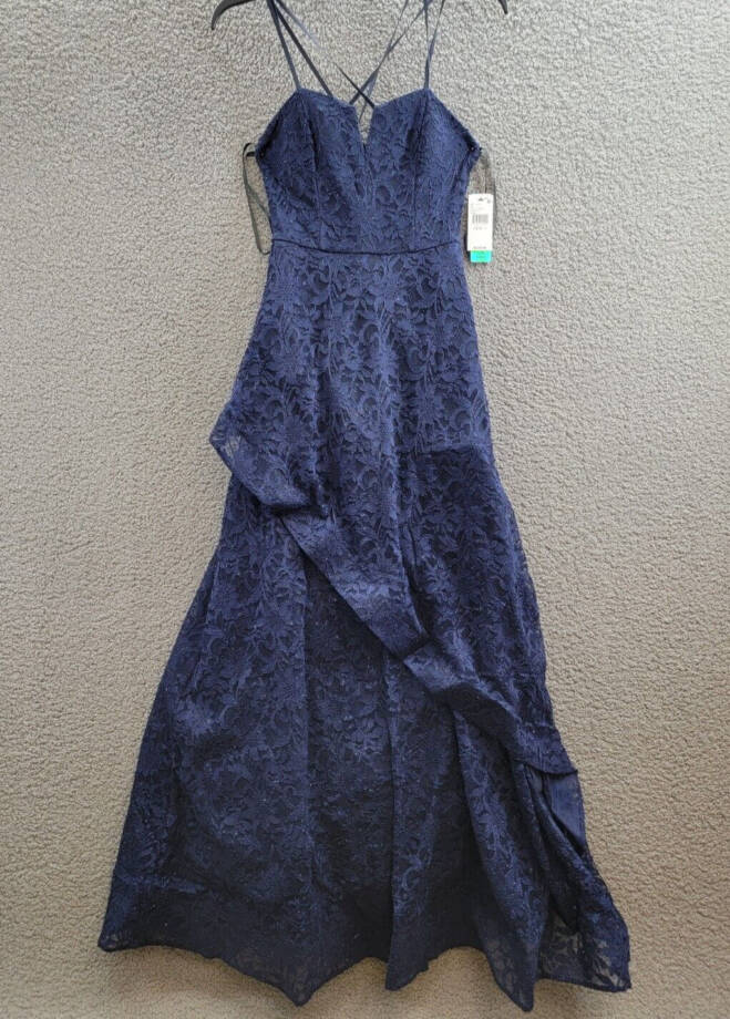 BCX Glitter Floral Spaghetti Strap Notch V-Neck Gown Juniors' 1 Navy Back Zip