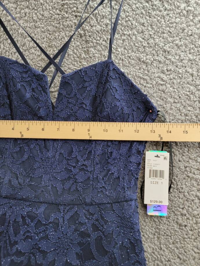 BCX Glitter Floral Spaghetti Strap Notch V-Neck Gown Juniors' 1 Navy Back Zip