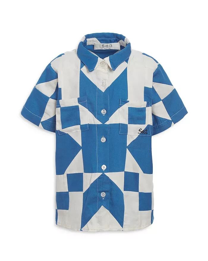 Sea Tanya Patchwork Button-Up Shirt Girls' 6Y Blue/White Pocket Short Sleeve