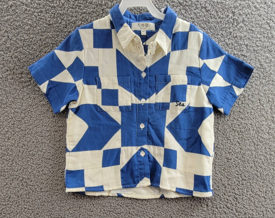 Sea Tanya Patchwork Button-Up Shirt Girls' 6Y Blue/White Pocket Short Sleeve