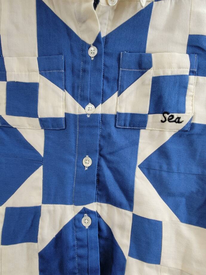 Sea Tanya Patchwork Button-Up Shirt Girls' 6Y Blue/White Pocket Short Sleeve