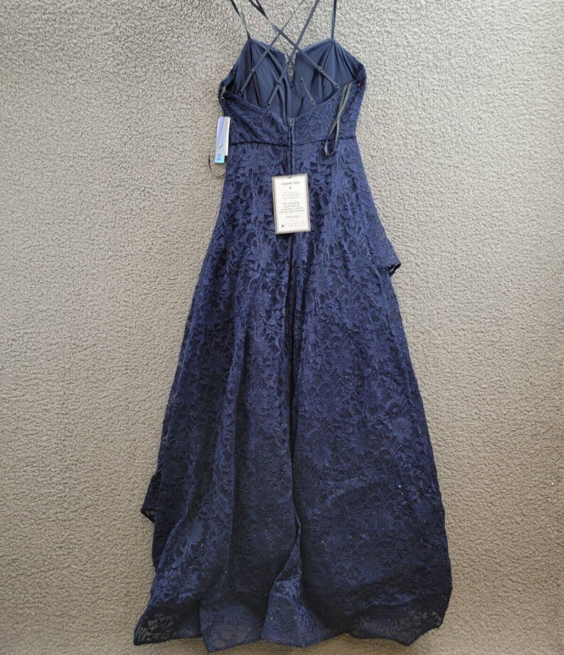 BCX Glitter Floral Spaghetti Strap Notch V-Neck Gown Juniors' 1 Navy Back Zip