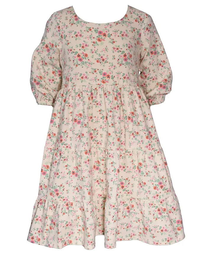 Bonnie Jean Floral Quarter Sleeve Knit Tiered Dress Big Girls' 14 Ivory Multi